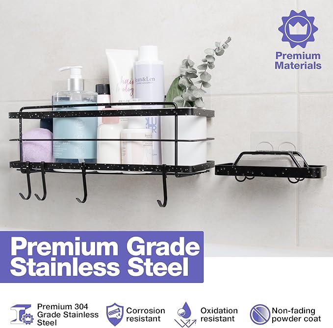 KINCMAX Premium Shower Caddy - Self Adhesive Shower Shelf with 4 Hooks - No Drill Large Capacity Stainless Steel Rack - Aesthetic Organizer for Bathroom Wall Decor - Black