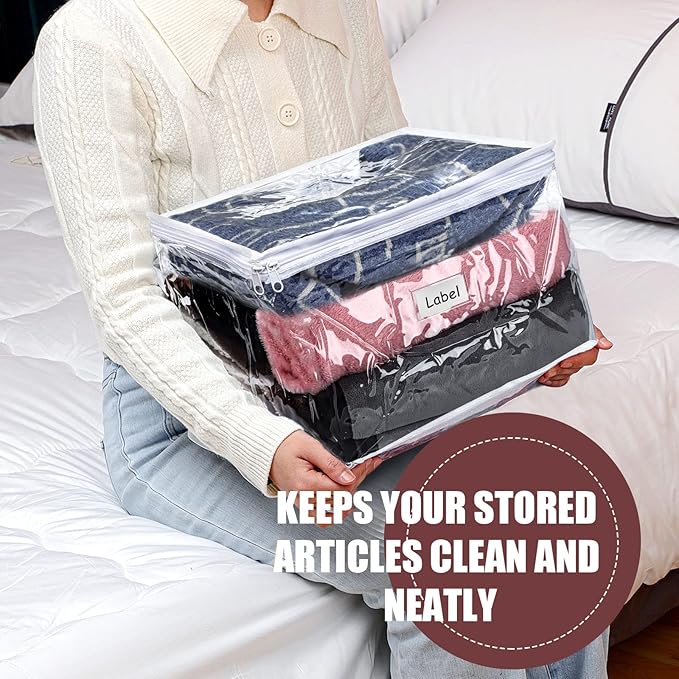 Hoolerry 6 Pieces Sweater Storage Bags Plastic Clear PVC Clothes Storage Bags with Zipper and Label for Blankets Clothes Closet Quilt Pillow Bed Sheet Organizer(12 x 12 x 12 Inch)