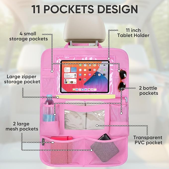 BALEINE Backseat Car Organizer, Back Seat Car Organizers and Storage, Kick Mats Back Seat Protector, Travel Accessories for Most Automotive (2 Pack, Pink)