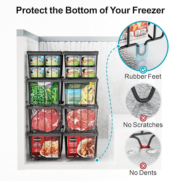 iSPECLE Freezer Organizer Bins - Fits 7 Cu.Ft Chest Freezer, 4 Pack Stackable Wire Baskets(14.7" Length), Heavy Duty Coated Deep Freezer Organizer, Rust Resistant for Frozen Food Sorting, Black