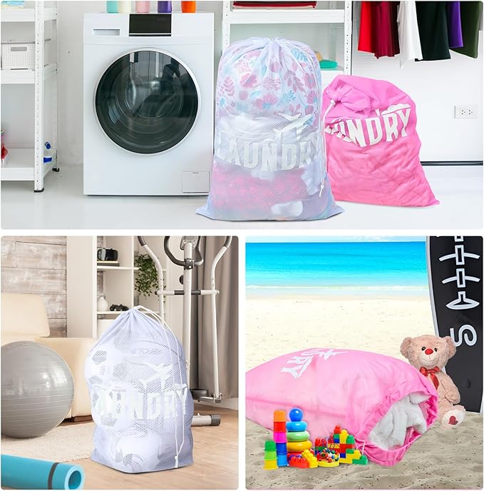 2 Pack Large Mesh Laundry Bag, Heavy Duty Laundry Bags with Drawstring, Laundry Hamper Liner, Machine Washable, for Travel, Storage, Sports, Dorms and Apartment Dwellers, 24 x 36 Inches (Pink+White)