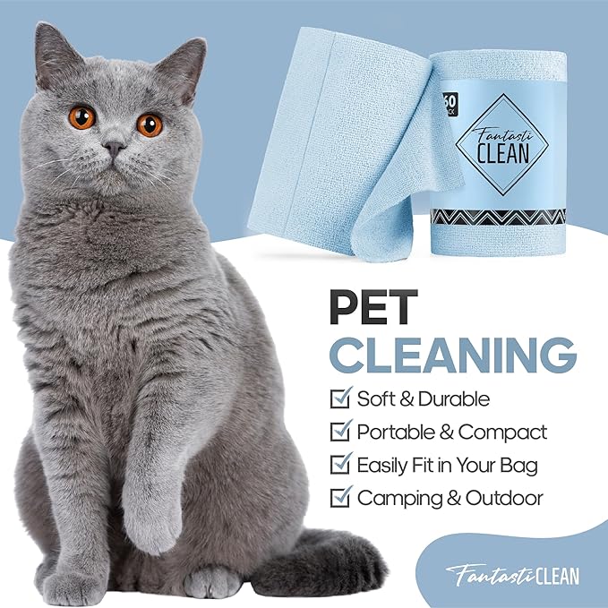 Fantasticlean Microfiber Cleaning Cloth Roll -60 Pack, Tear Away Paperless Towels, 8" x 8", Reusable Washable Rags, for House Kitchen, Pet, Office, Indoor Outdoor, Compact and Portable (Baby Blue)