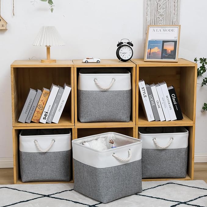 13 x 13 Inch Cube Storage Bins, 6 Pack Extra Large Collapsible Fabric Storage Bin with Ropes, Foldable Storage Cubes for Home (White & Grey-13"x13"x13")