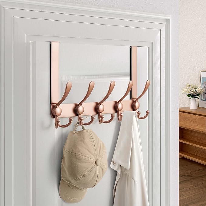 Dseap Over Door Hook 2.0 - Upgraded Version - Simple-Assembly, Strong, Heavy-Duty Stainless Steel 5-Tri-Hook Over The Door Hanger Rack, SimpleStrong Series, Rose Gold