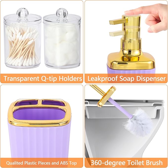 Bathroom Accessory Set,9 Pieces Purple Bathroom Accessories Set with Trash Can, Toothbrush Holder, Soap Dispenser, Toothbrush Cup, Vanity Tray, Soap Dish, Toilet Brush, Qtip Holder