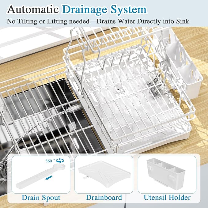 2 Tier Dish Drying Rack, Large Extendable Dish Racks for Kitchen Counter or Over Sink, Dishrack with Drainboard, 2-in-1 Anti-Rust Stainless Steel Dish Drainer with Utensil Holder & Cup Holder (white)