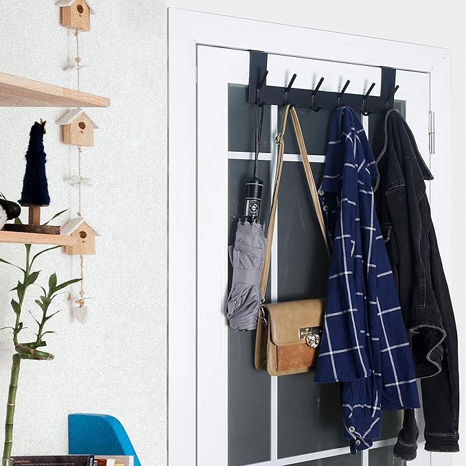 WEBI Over The Door Hooks Door Hanger,Over The Door Towel Rack with 6 Hooks for Hanging,Door Coat Towel Hanger Door Coat Rack,Black