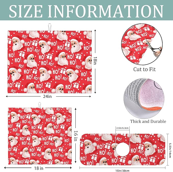 3Pcs Funny Christmas Santa Claus Face Dish Drying Mat & Kitchen Sink Splash Guard Faucet Mat For Kitchen Counter Absorbent Microfiber Dishes Pad Dish Drainer Rack Mats Fast Dry Kitchen Accessories