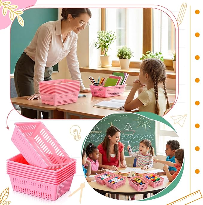 Sherr 36 Pack Classroom Storage Basket Small Plastic Basket for Organizing Crayon Pencil Container Storage Bin Tray Holder for Paper Shelf Back to School Office Supply 6.1" l x 4.3" w x 2.4" h(Pink)