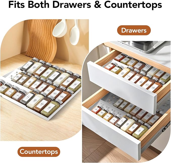2-Pack Expandable Spice Drawer Organizer (11"-22"), 3-Tier Angled Seasoning Rack for Kitchen, Sturdy Vented Insert with Labels & Funnel, Fits Standard & Biger Spice Jars (Jars Not Included) WH