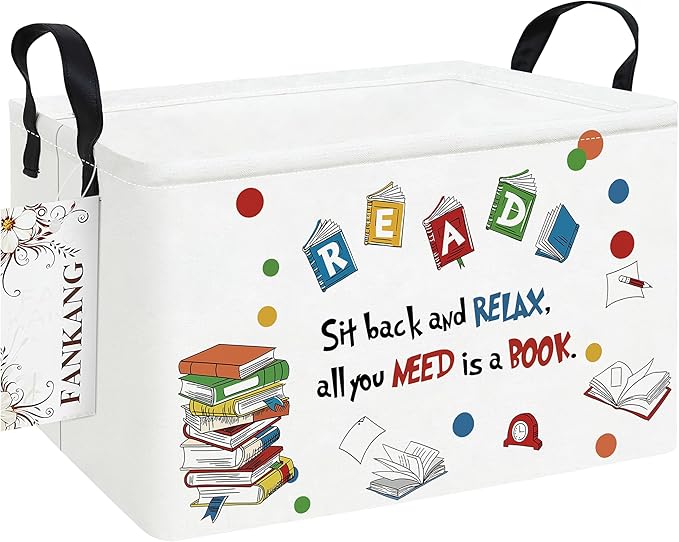 FANKANG Storage Bins, Nursery Hamper Canvas Laundry Basket Foldable with Waterproof PE Coating Large Storage Baskets for Kids Boys and Girls, Office, Bedroom, Clothes,Toys(Rec-Reading ）