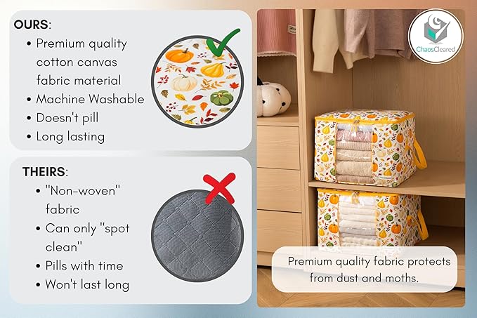Chaos Cleared Canvas Storage Bags Designer Organizer 2 Pack – Seasonal Storage for Sweaters, Blankets, Linens & Garments – Foldable Design with Zip & Window, Moth-Proof Space Saver, Pumpkin Print