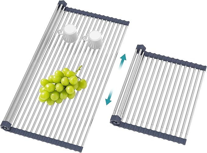 BBXTYLY Extra Large Expandable Roll Up Dish Drying Rack,Over The Sink Drying Rack Sink Cover Kitchen Sink Accessories Kitchen Rolling up Stainless Steel Drainer, Foldable,Rollable（Grey，25.1''-17.3''）