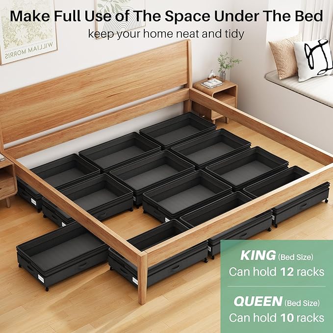 Kitstorack 2Pack Height-adjustable Under Bed Storage with Wheels, Under Bed Storage Containers,Under Bed Shoe Storage Organizer with Clear Window&Label, Suitable for Clothes Storage, Black