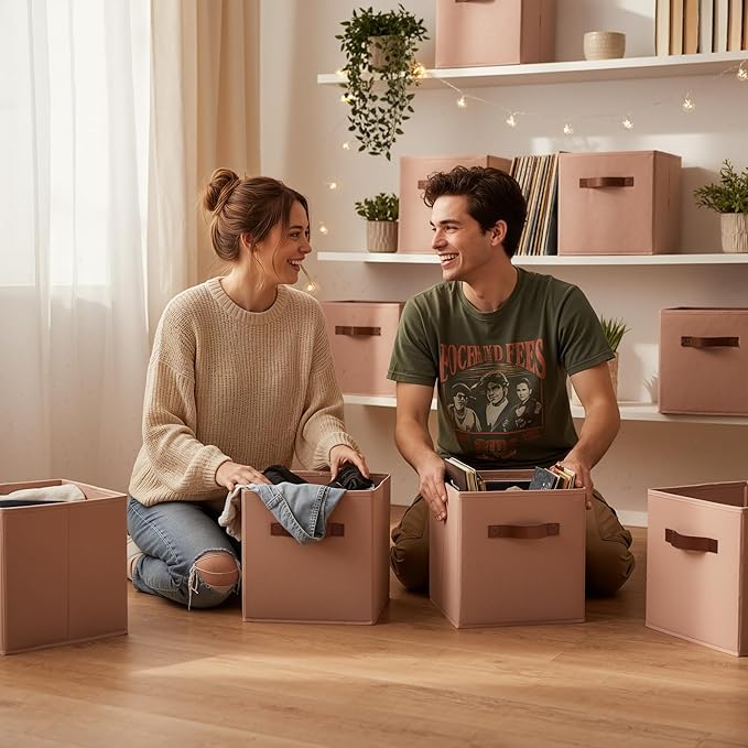 GRANNY SAYS Cube Storage Bins, 11 Inch Cube Storage Organizer, Fabric Storage Bins with PU Handle, Storage Cubes for Shelves, Closet, Dusty Pink, 6-Pack