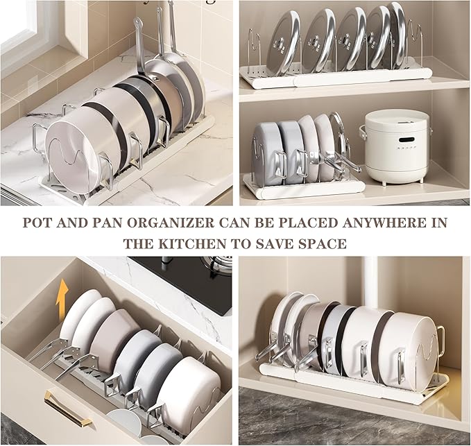 Expandable Pot and Pan Organizer Rack with 7 Stainless Steel Adjustable Shelves, for Neatly Storing Cookware, Pots, Pans, Lid(White)