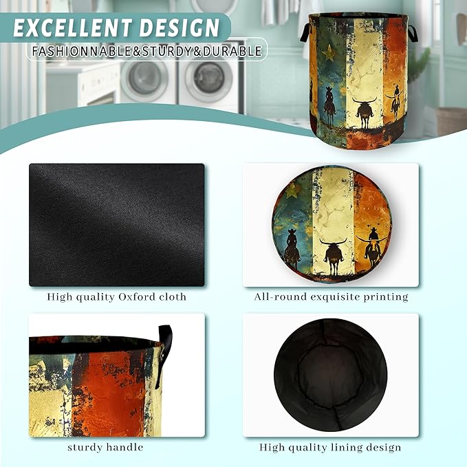 Retro Western Cowboy Laundry Basket Foldable Funny Western Laundry Hamper Oxford Cloth Colorful Tote Bag Clothe Toy Storage Bucket 18.9" x 16.5" For Bathroom/Laundry Storage/Bedroom