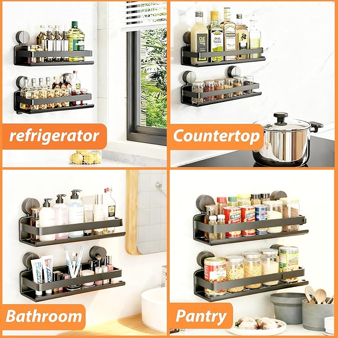 Spice Rack wall mounted 2 Pack,Suction Cups Spice Organizer for Cabinet,Large Capacity Metal Spice Shelf for Kitchen Cabinet, Pantry Doors, Bathroom, Shower, Home Decor (11.8 inch)