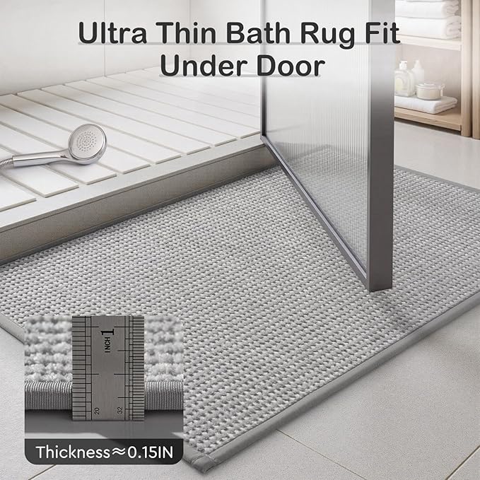 MontVoo Bathroom Runner Rugs,Chenille Absorbent Bath Mat Runner Quick Dry Rubber Backed Bath Runners Non Slip Washable Long Bathroom Rugs,Ultra Thin Bath Rugs Fit Under Door,17"x59",Grey