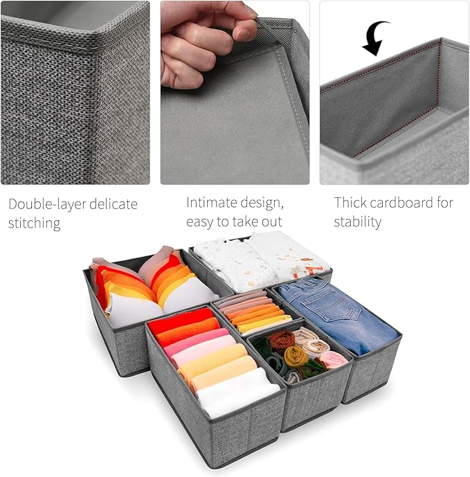 Criusia Foldable Underwear Drawer Organizer, Closet Dividers, Storage Box for Clothes, Socks (6 Bins, Gray) (Pack of 2)