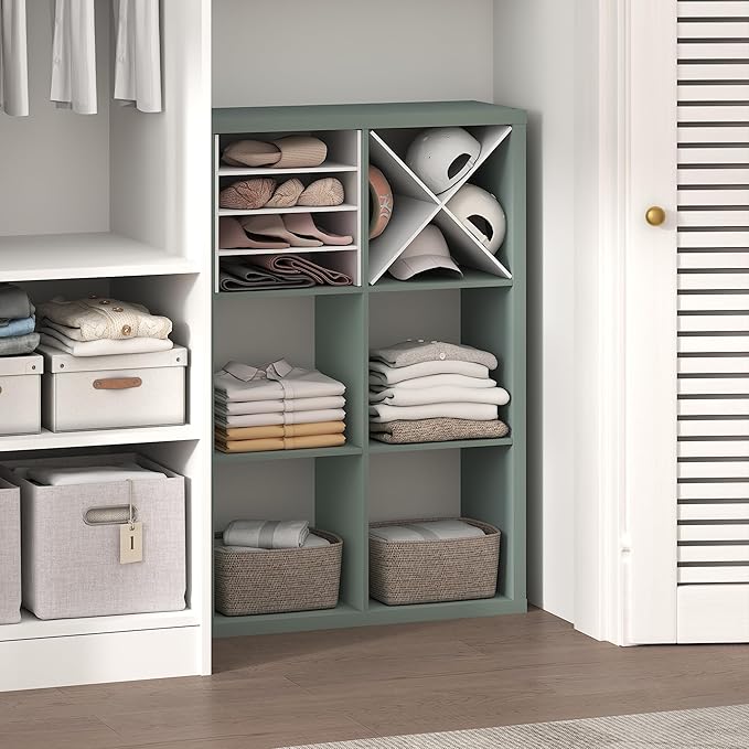 Furinno Cubic Closet Organizers and Storage, 6-Cube Closet Organizer, Open Shelf Closet Storage, Extra Thick Frame for Wardrobe, Bedroom, Living Room, Sage Green