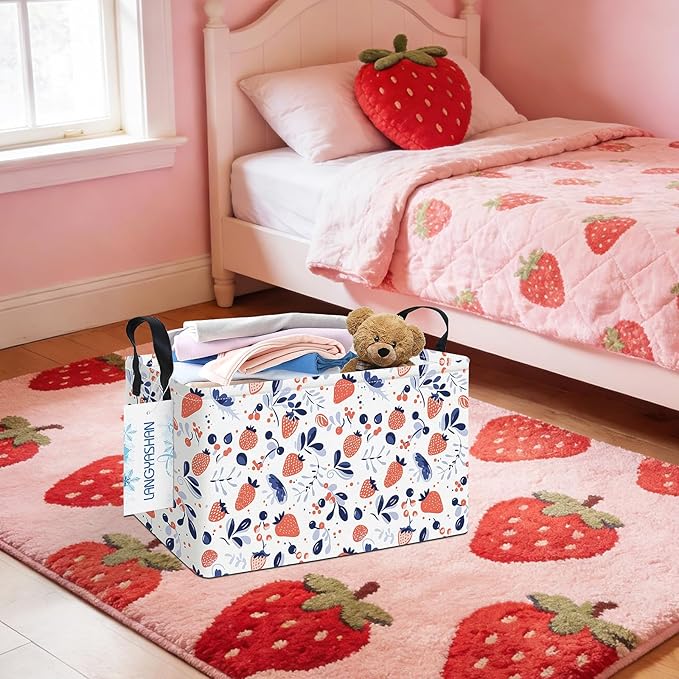 LANGYASHAN Rectangular Storage Bin Collapse Canvas Fabric Cartoon Storage Basket with Handles for Organizing Home Kitchen Boys and Girls Toys Office Closet Shelf Baskets (Rec Strawberry)
