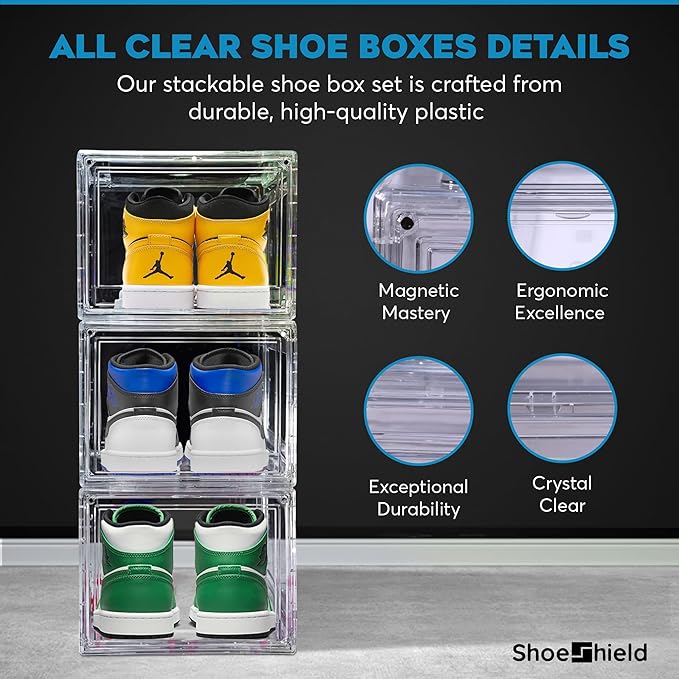 Ultra All Clear Shoe Boxes Plastic Stackable Professional Grade Shoe Display Case with Magnetic Front Drop Door Open Easy Assembly Modern Shoe Sneaker Display Case Fits US Size 14