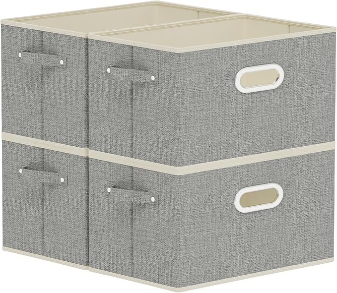 Fabric Open Storage Bins with Metal Handles, Collapsible Organizer Baskets, Foldable Cube Boxes for Shelves, Closet, Living Room, 13x9.1x7.9in, Grey, 4 Pack