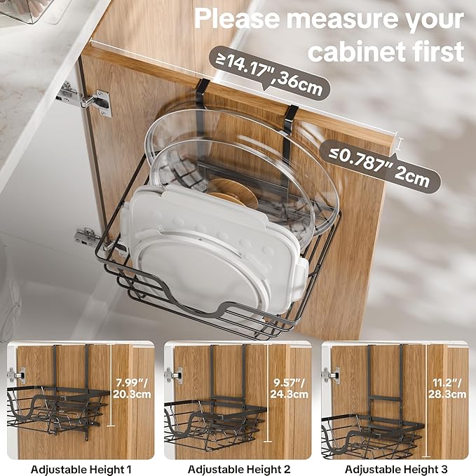 Pot Lid Organizer, Adjustable Kitchen Pot Lid Holder Inside Cabinet, Kitchen Cabinet Organizer Hanging for Food Storage Container, Pot, Pan Lid & Bakeware, Black