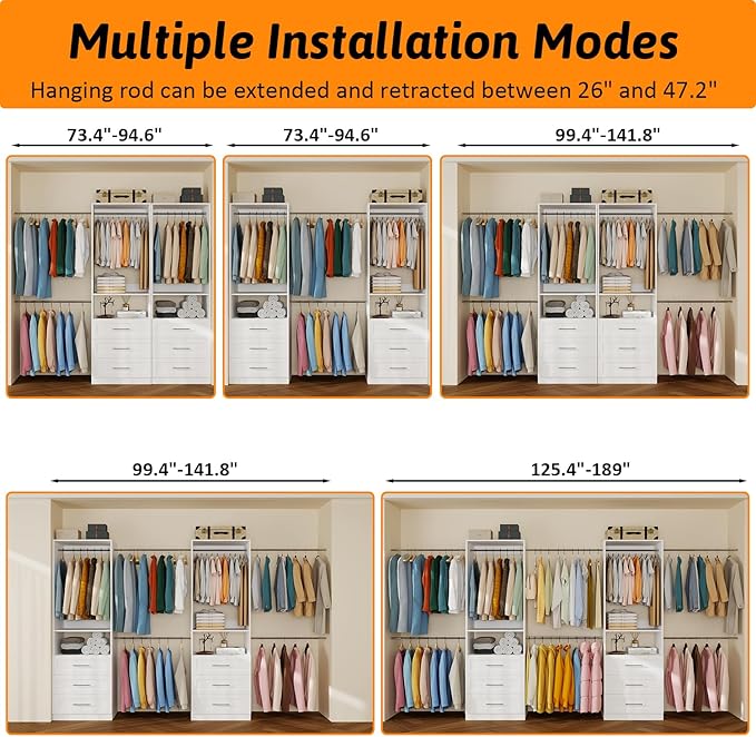 Closet System of 2 Set, 4-18FT Closet Organizer System with 10 Hanging Rods & 6 Wood Drawer & Adjustable Shelves, Walk in Closet Storage System, Free Standing Closet System, White