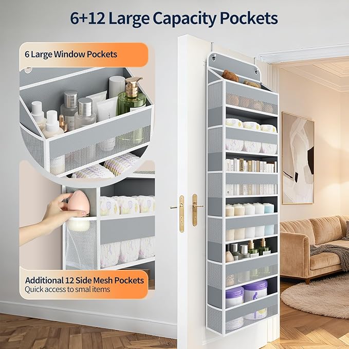 Yecaye 6 Tier Over The Door Organizer Storage, Heavy Duty Door Organizers Hanging with 12 Side Mesh Pockets, 52.8lbs Load Capacity Behind Door Storage for Bathroom Nursery Bedroom Dorm Closet, Grey