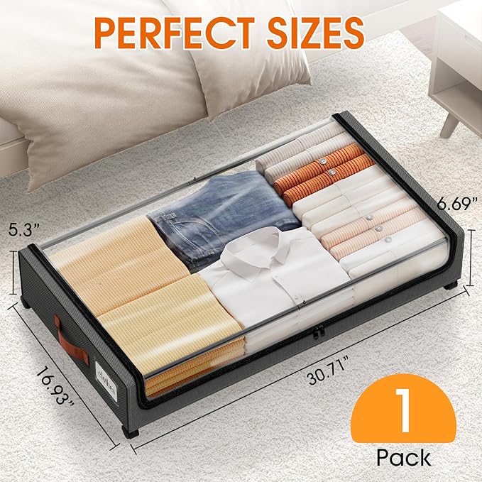 Under Bed Storage with Wheels 1Pack Storage Containers with Clear Window&Label Under Bed Drawers Rolling Under Bed Storage for Clothes,Shoes, Blankets (30.71 x 16.93 x 6.69 in, Dark Grey)