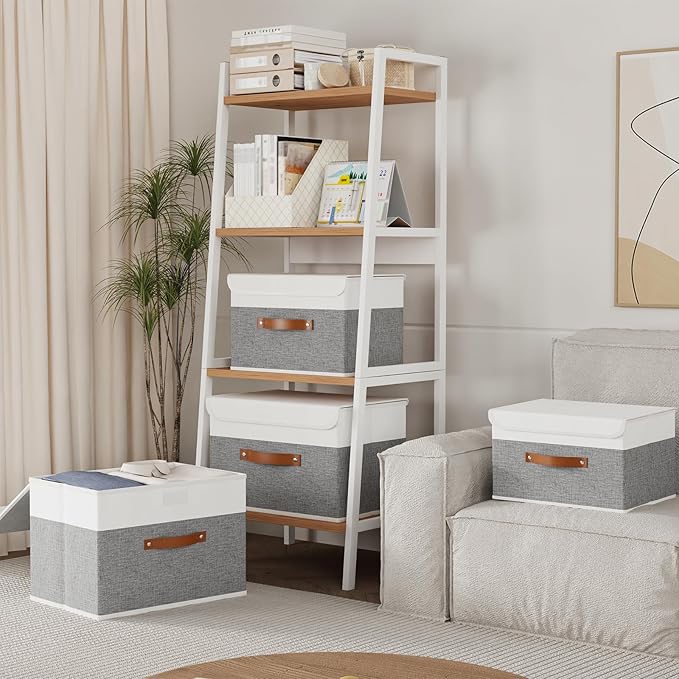 Yawinhe Storage Bins with Lids, Fabric Foldable Boxes, Washable and Leather Handle, Cube Organizer Basket for Home, Closet, White/Grey, 17.7''Lx11.8''Wx11.8''H, 7-Pack, USNK024WGX-7