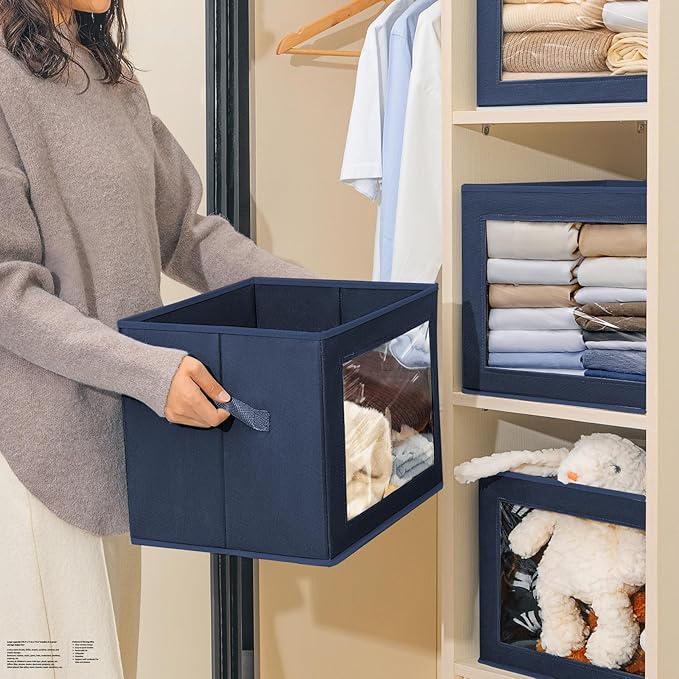 Stackable Storage Bins with Lids - Large Storage Box with Lids, Foldable Closet Boxes for Organizing, Wardrobe Clothes Organizer with Window, Cubes Bins for Living Room, 4 Pack, Navy Blue