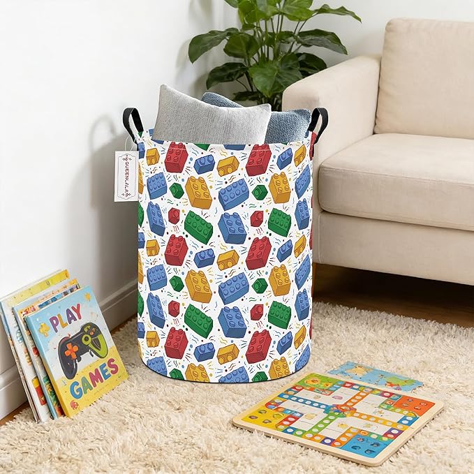 QUEENLALA Large Storage Basket,Laundry Hamper/Bathroom/Home Decor/Collapsible Round Storage Bin,Boys and Girls Hamper/Boxes/Clothing(Round-Blocks)