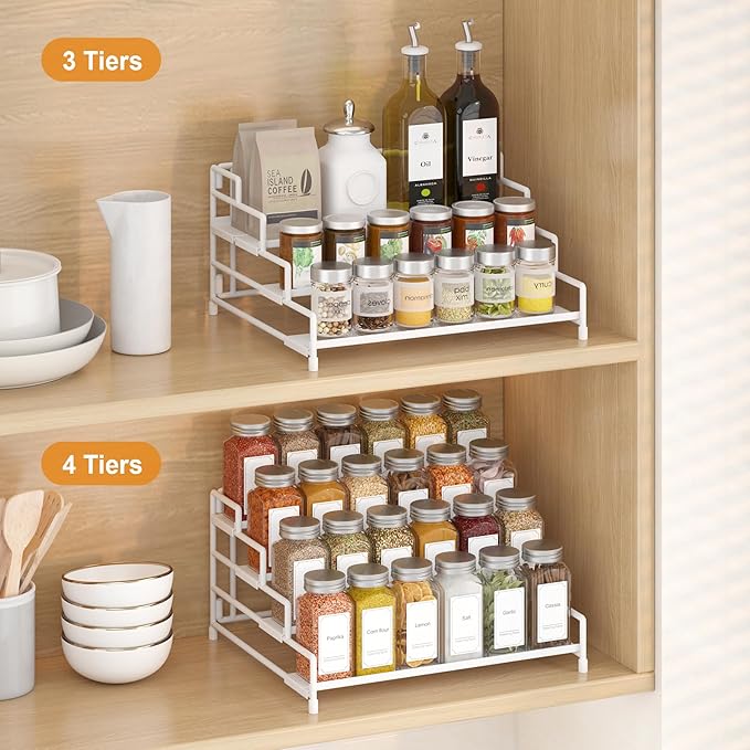 4-Tier-Spice-Rack-Organizer-for-Cabinet, Adjustable Depth Spice Holder Shelf For Countertop Pantry Cupboard, Metal Tiered Seasoning Organizer,Display Shelf Riser (White-2 Pack)