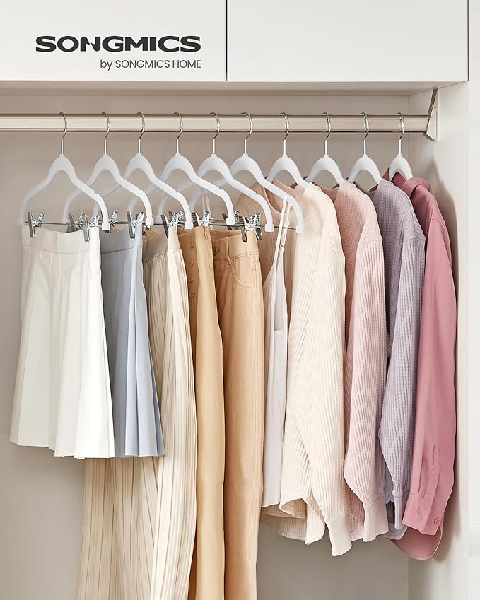 SONGMICS 50-Pack Pants Hangers, 16.7-Inch Long Velvet Hangers with Adjustable Clips, Heavy-Duty, Non-Slip Skirt Hangers, Space-Saving for Pants, Skirts, Coats, Dresses, White UCRF012W50