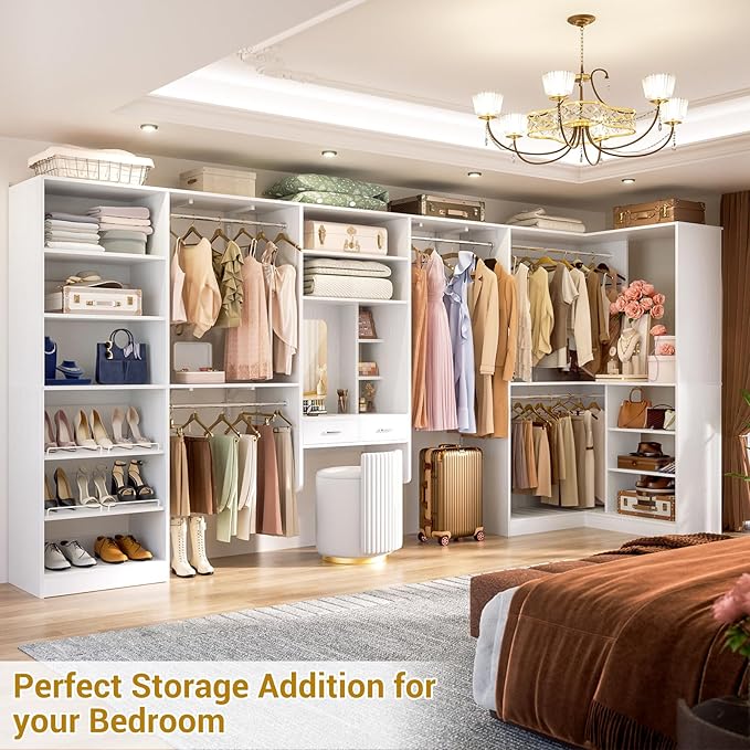 Unikito Closet System with Vanity Desk, 156”Modular Corner Closet Organizer System with Hanging Rods & Adjustable Shelves, Freestanding Wood Wardrobe Organizer, Sturdy Walk in Closet Tower, White