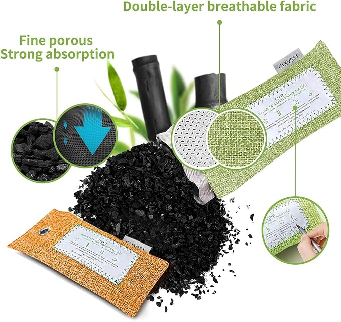 CLEVAST Activated Bamboo Charcoal Odor Absorber - 6 x 60g Air Purifying Bags, Natural Bamboo Charcoal Fresh Odor Moisture Eliminator, Deodorizer for Home, Closet, Shoe, Car Air freshener