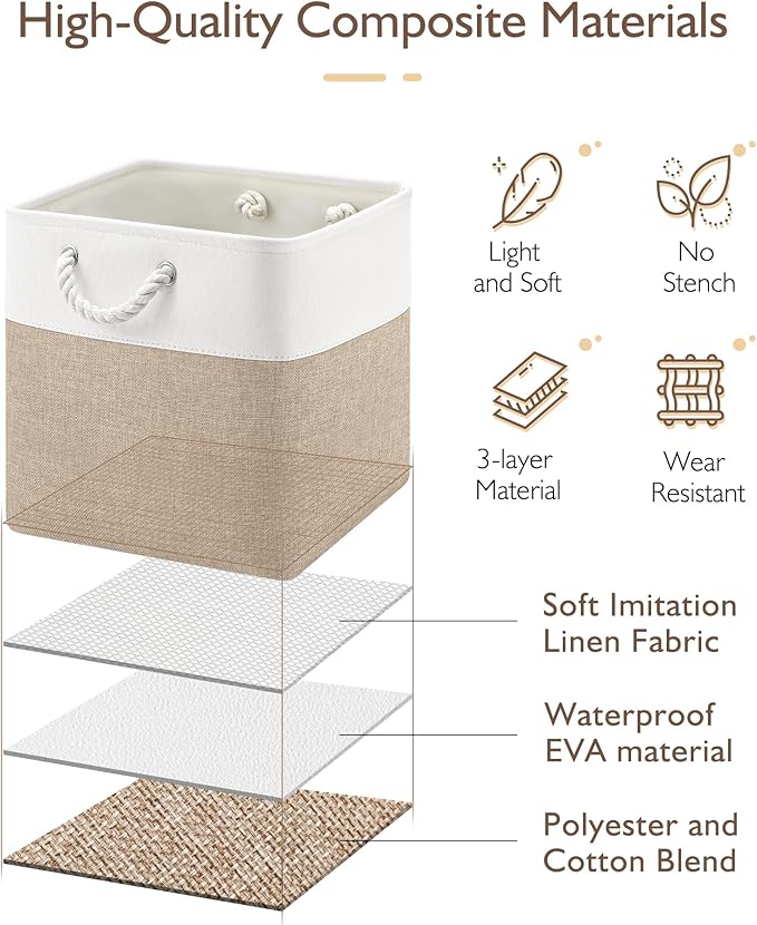 13x13x13 Cube Storage Bins,4 Pack Large Foldable Fabric Storage Cubes with Handles for Organizing Home, Closet, Shelf, Office(White&Khaki)