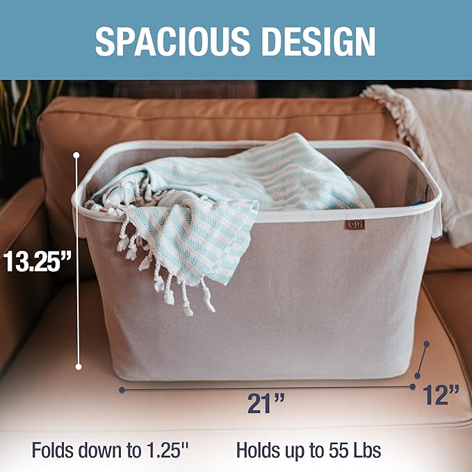 CleverMade Collapsible Laundry Basket LUXE 2 Pack – 60L (16 Gal) Foldable Cotton Blend Clothes Hamper with Vegan Leather Accents, Reinforced Handles, Space Saving Laundry Bin Holds 55 lbs - Mocha