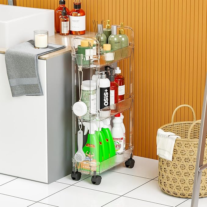 3 Tier Slim Rolling Storage Cart with Wheels for Small Space,Clear Modern Design Slim Utility Cart Suitable as Bathroom Cart Organizer Shelf,Skinny Bathroom Storage Rack,Narrow Laundry Cart on Wheels