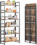 4NM No Assembly Folding Bookshelf, 6-Shelf 74" H Collapsible Foldable Bookcase Storage for Small Spaces, Rustic Brown and Black
