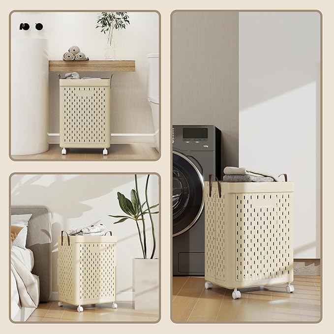 UAK 67L Plastic Laundry Basket with Wheels & Handle, Heavy Duty Foldable Laundry Hamper – Easy Clean Waterproof Rolling Organizer for Bathroom & Laundry Room, Ivory