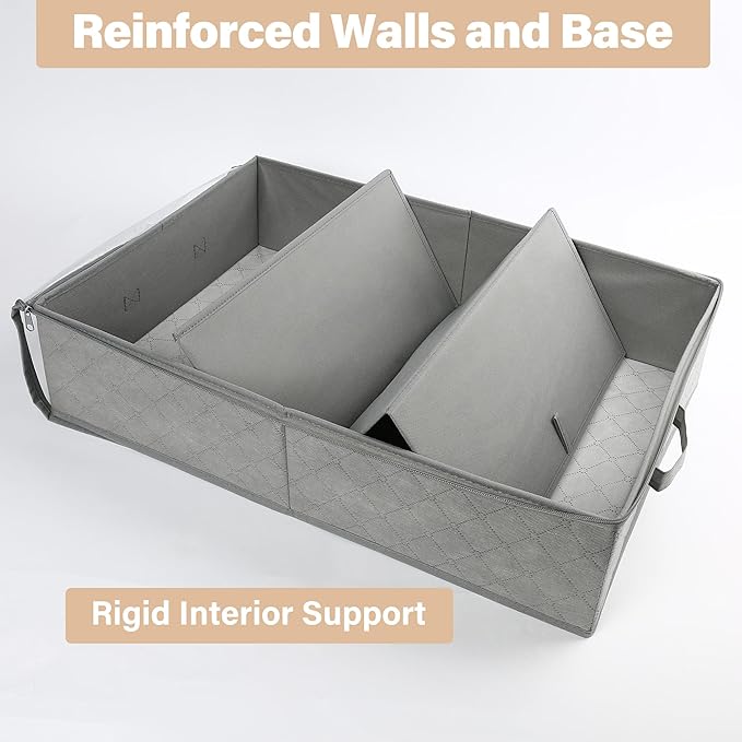 LotFancy Foldable Under Bed Storage Bags, Closet Organizers and storage bins, Clothes Blankets Organizer, with Clear Window and Reinforced Handles, 24” x 16” x 6", Gray, Pack of 2
