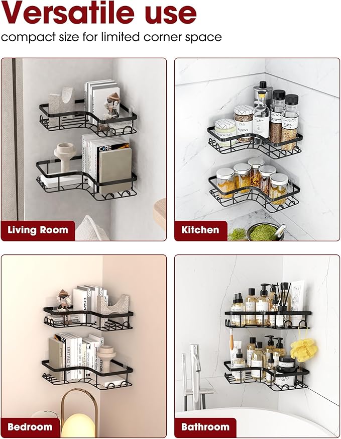 Corner Shower Caddy - 2 Pack, Adhesive Shower Organizers, Rustproof Stainless Steel Shower Shelves with 8 Hooks, No Drilling Bathroom Organizers and Storage Racks, Space-Saving, Black, Medium