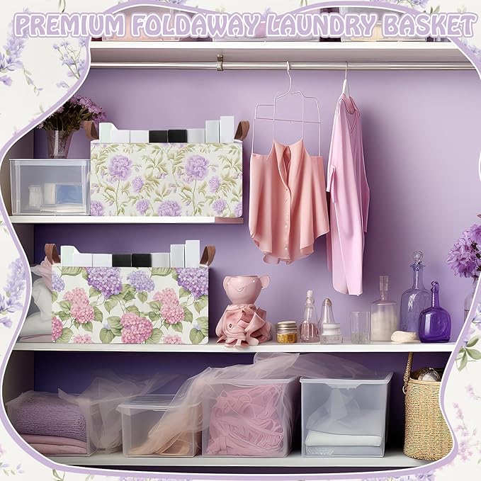 Boao 3 Pcs Purple Floral Storage Bin Wildflowers Collapsible Large Storage Baskets for Gifts Canvas Laundry Basket Foldable Box with Handle for Office Home Bedroom Clothes