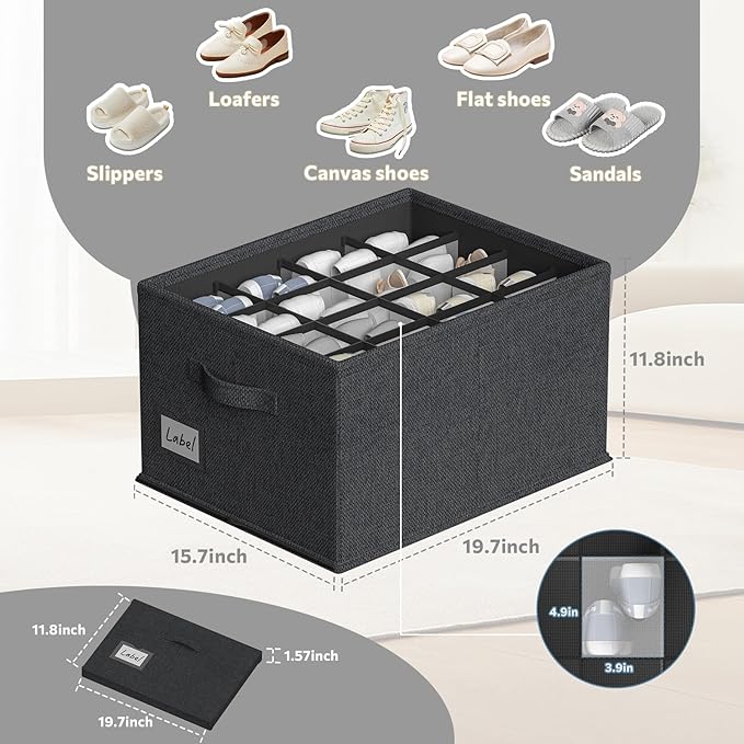 2 Pack Shoe Organizer for Closet, Fits 16-32 Pairs Fabric Shoe Storage Bins Large Shoe Box Storage Containers with Bottom Support for Shoes Space Saving Shoes Holder (Black, 19.7*15.7*11.8in)