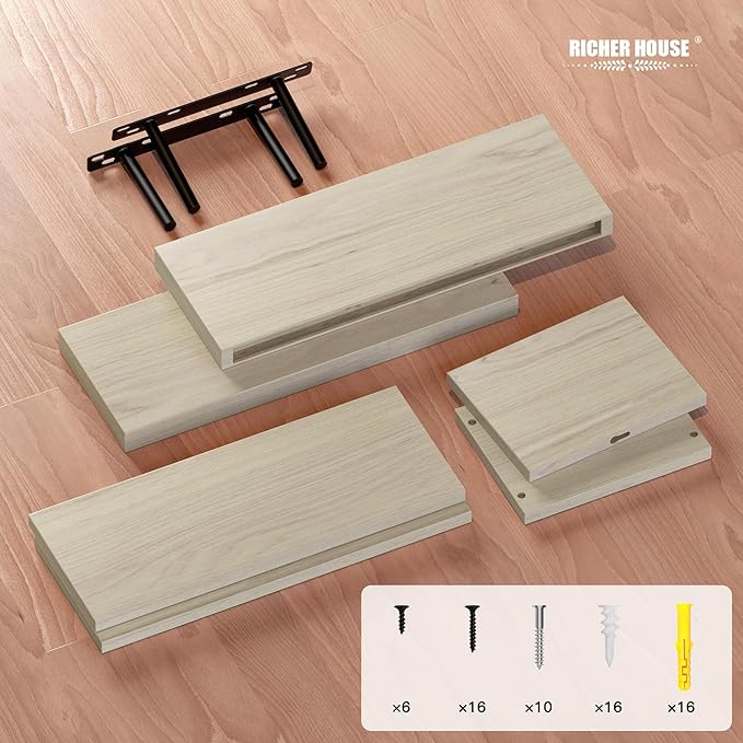 RICHER HOUSE Floating Shelves Set of 3, Modern Bathroom Shelves Wall Mounted with Invisible Brackets Over Toilet, Rustic Wall Shelves for Bathroom Bedroom, Living Room, Kitchen - Light Brown