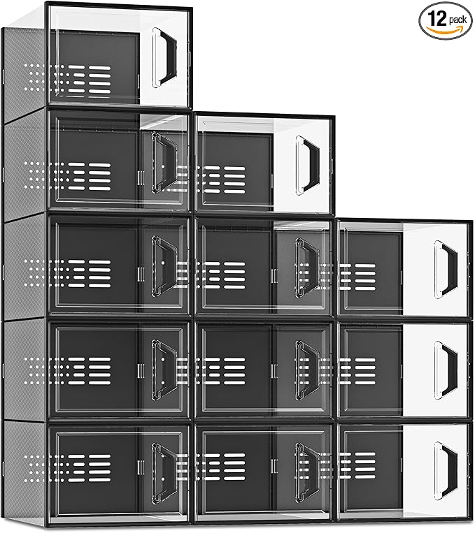 SEE SPRING X-Large Shoe Storage Box Fit Size 11, Clear Plastic Stackable Shoe Organizer for Closet, Space Saving Sneaker Shoe Rack Containers Bins Holders for Entryway, Under Bed, 12 Pack Black